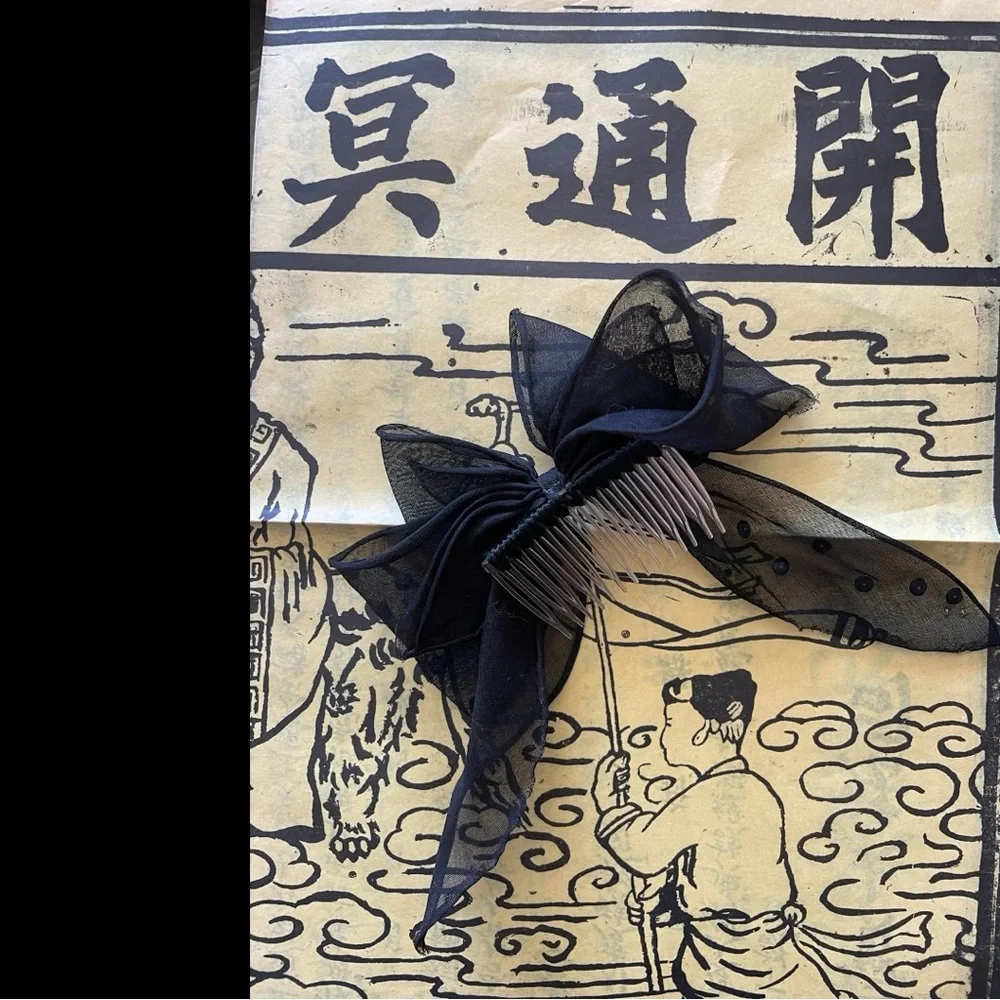 Vintage Chiffon Sequined Black Bow with Comb
